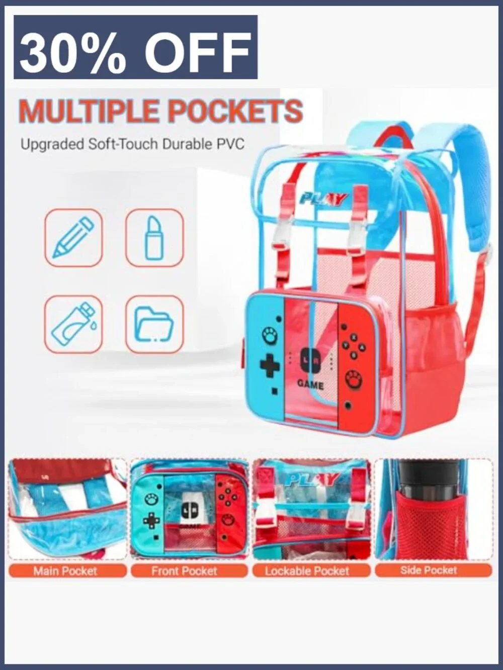 Kids Clear Backpack Boys Gamer Design Heavy Duty PVC Transparent Bookbag with